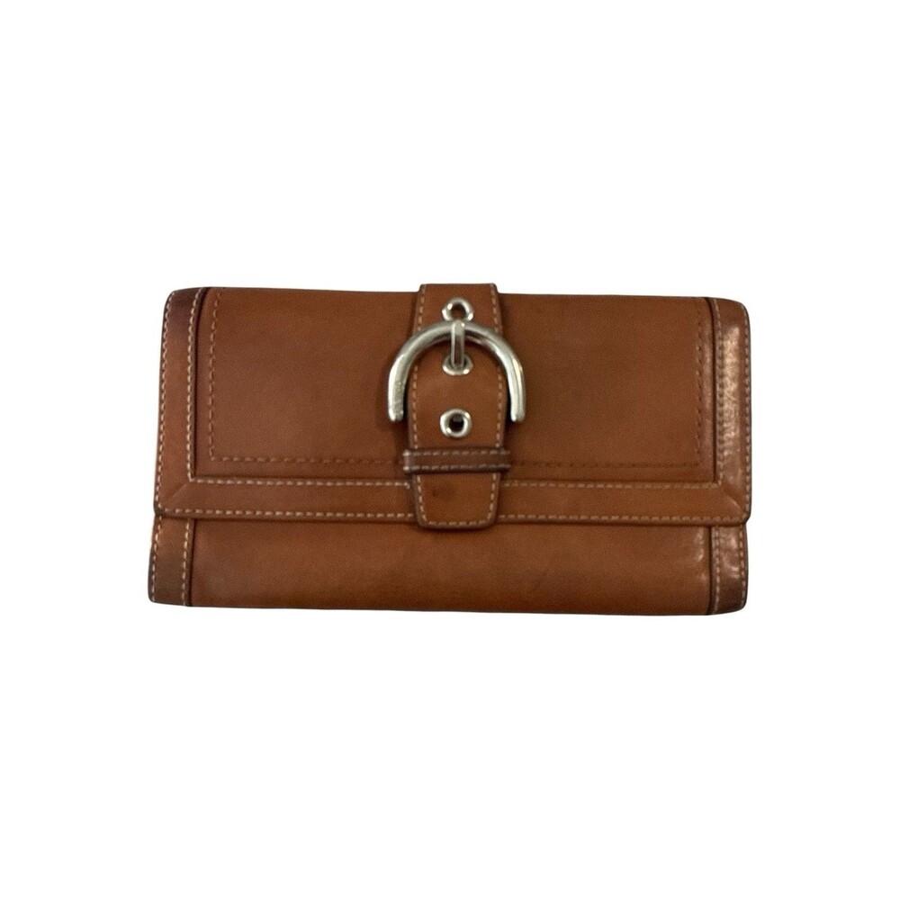 Coach Legacy Brown Leather Buckle Trifold Checkbook Wallet Coin Pouch Clutch